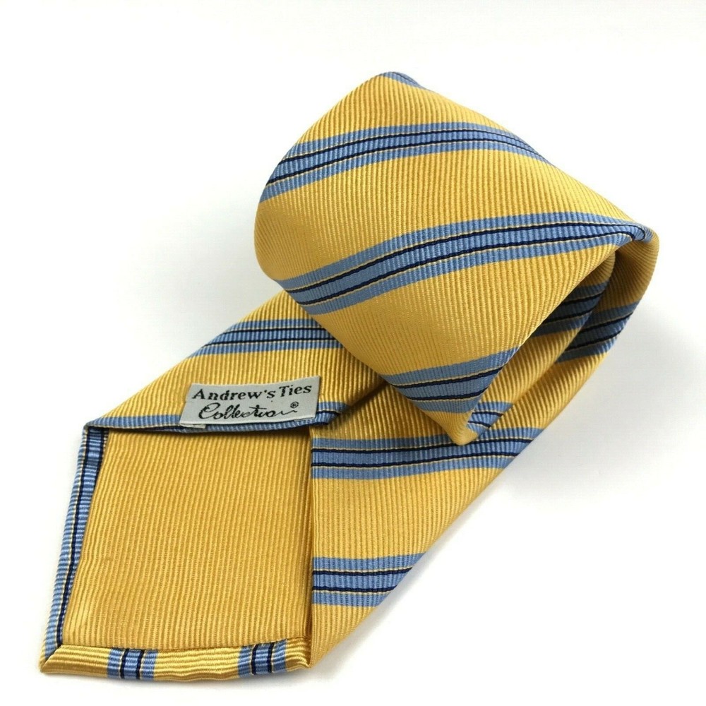 ANDREW'S TIES Collection Men's 100% Silk Designer Striped Yellow Blue Necktie - Picture 3 of 11
